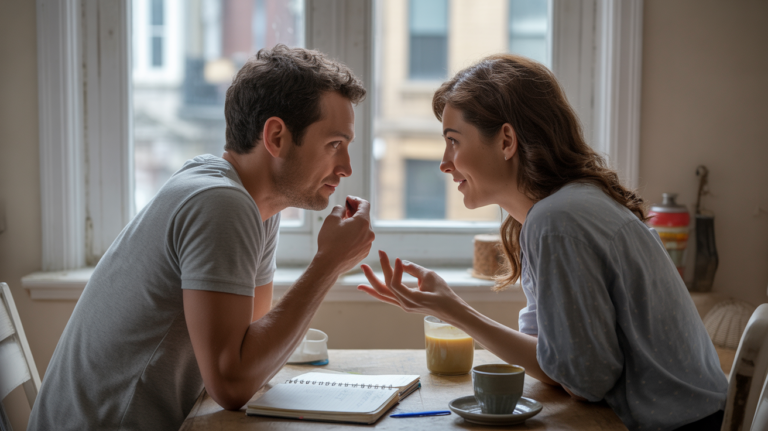 Couple discutant autour d’une table dans un appartement chaleureux, partageant un moment authentique de communication.