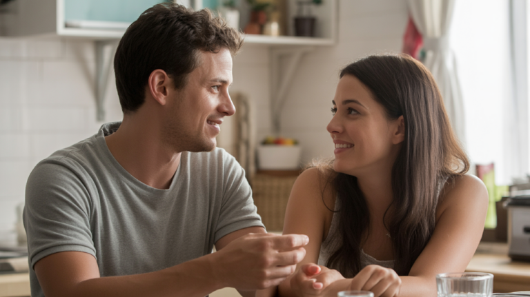 Couple discutant chaleureusement dans une cuisine lumineuse et authentique, exprimant une communication douce et naturelle au quotidien.