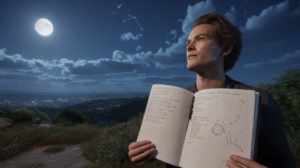Scène nocturne réaliste montrant une personne observant la pleine lune au-dessus d’une ville, dans une ambiance naturelle et introspective.