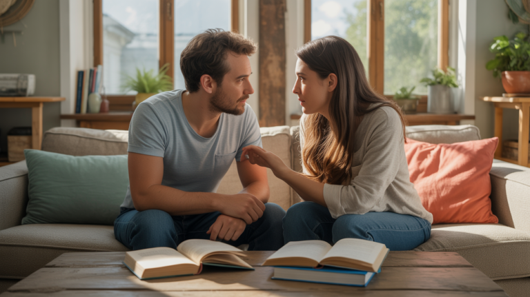 Couple réaliste discutant chaleureusement dans un salon lumineux avec des livres ouverts sur la communication.