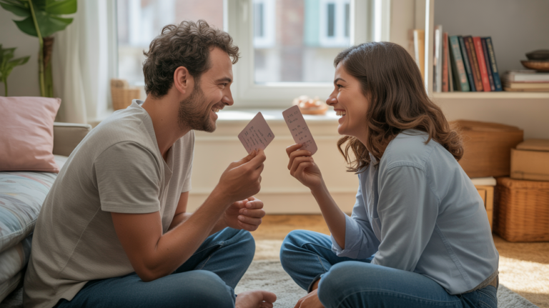 Un couple assis au sol dans un salon chaleureux, jouant à un jeu de communication et riant ensemble dans une scène naturelle et réaliste.