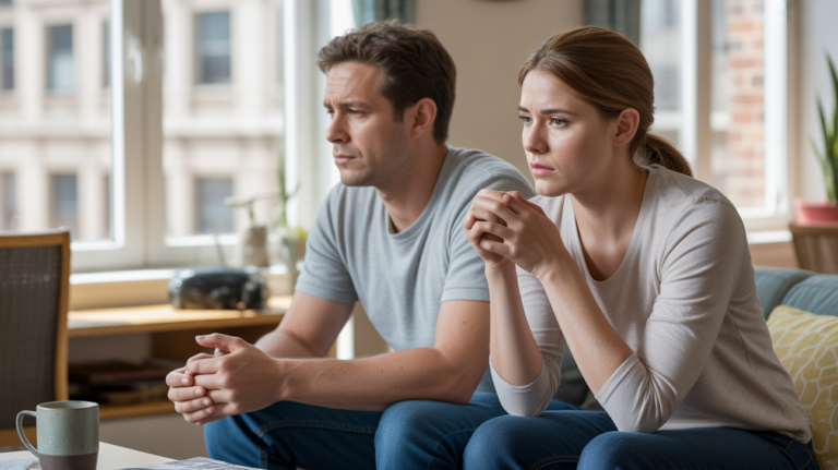 Scène réaliste d’un couple assis dans un salon, proche mais distant, exprimant un silence émotionnel.