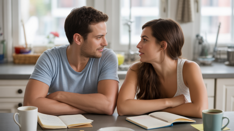Un couple discutant chaleureusement dans une cuisine lumineuse et authentique, illustrant une communication saine au quotidien.