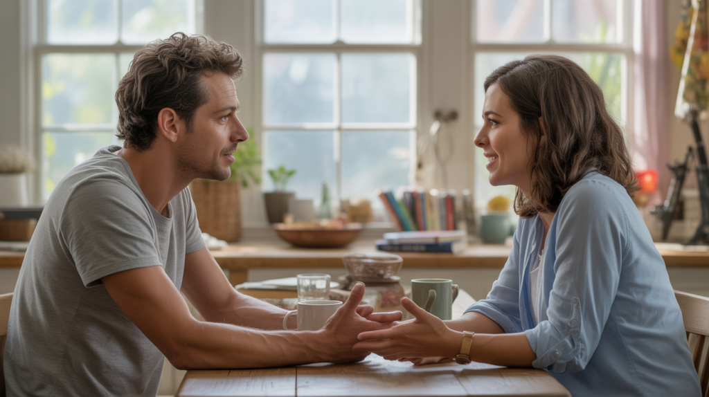 Un couple discutant sincèrement dans une cuisine lumineuse et authentique, illustrant la communication bienveillante dans le couple.