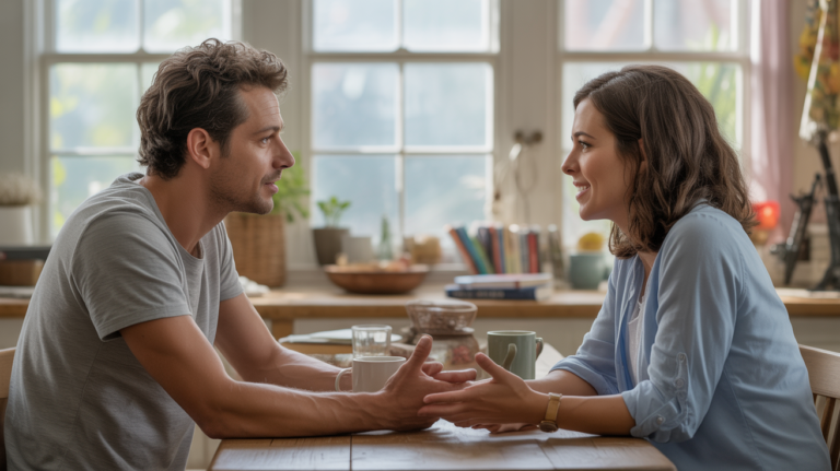 Un couple discutant sincèrement dans une cuisine lumineuse et authentique, illustrant la communication bienveillante dans le couple.