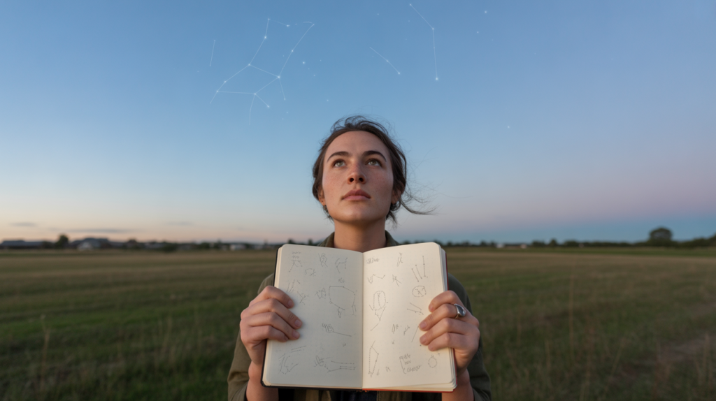 Personne observant le ciel au crépuscule avec un carnet rempli de signes du zodiaque dans un champ réaliste.
