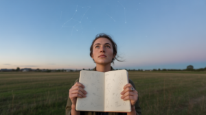 Personne observant le ciel au crépuscule avec un carnet rempli de signes du zodiaque dans un champ réaliste.