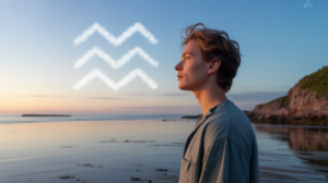 Personne réaliste au bord de la mer au coucher du soleil, regardant l’horizon avec une ambiance évoquant l’indépendance et la nature du Verseau.
