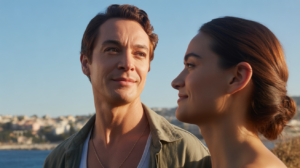 Scène réaliste d’un couple au coucher du soleil dans une ville côtière méditerranéenne, illustrant le caractère chaleureux et assuré du signe du Lion et sa compatibilité amoureuse.