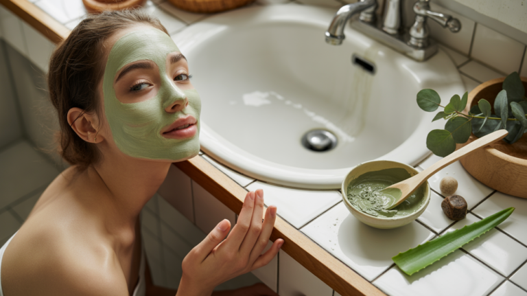 Femme appliquant un masque à l’argile verte dans une salle de bain naturelle et lumineuse, avec accessoires de soin authentiques et détails réalistes.