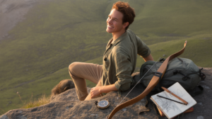 Personne en pleine nature au coucher du soleil, regardant l’horizon avec un arc posé à côté et un décor de montagnes réalistes évoquant l’esprit aventureux du Sagittaire.