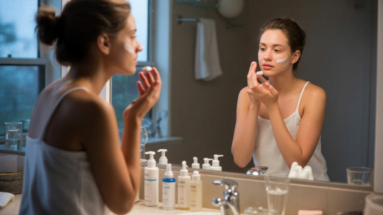 Femme appliquant un sérum devant un miroir dans une salle de bains réaliste, avec ses produits de soin du soir soigneusement disposés.
