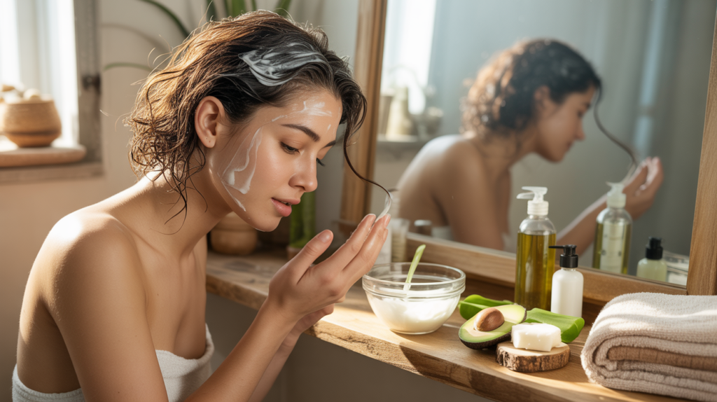 Femme appliquant un soin nourrissant naturel sur ses cheveux secs dans une salle de bain réaliste et ensoleillée.