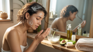 Femme appliquant un soin nourrissant naturel sur ses cheveux secs dans une salle de bain réaliste et ensoleillée.