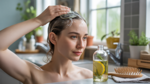 Femme dans une salle de bain naturelle utilisant un soin maison pour réguler le sébum de ses cheveux gras.