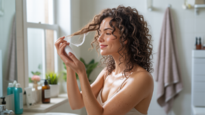 Femme définissant naturellement ses boucles dans une salle de bain réaliste et lumineuse.