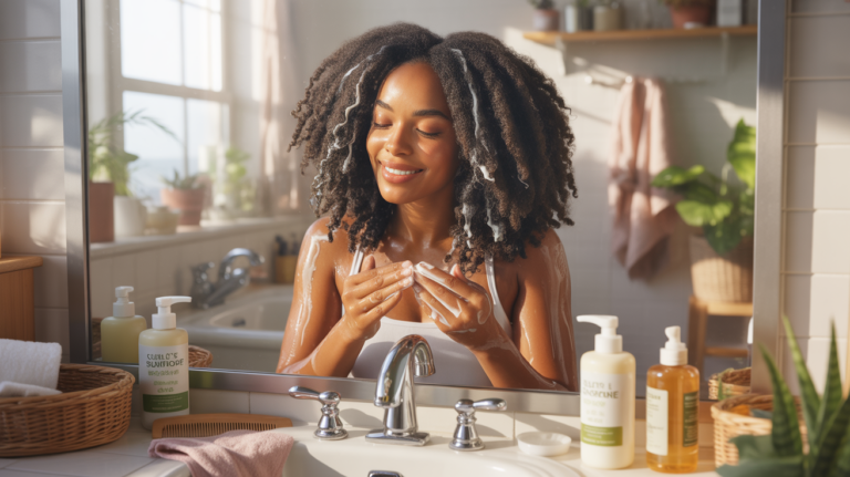 Femme noire appliquant un soin capillaire sur ses cheveux crépus dans une salle de bain lumineuse et réaliste.