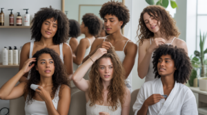 Scène réaliste montrant plusieurs personnes aux types de cheveux variés réalisant leur propre routine capillaire dans un espace lumineux et naturel.