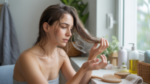 Femme appliquant un soin réparateur sur ses cheveux abîmés dans une scène domestique réaliste et lumineuse.