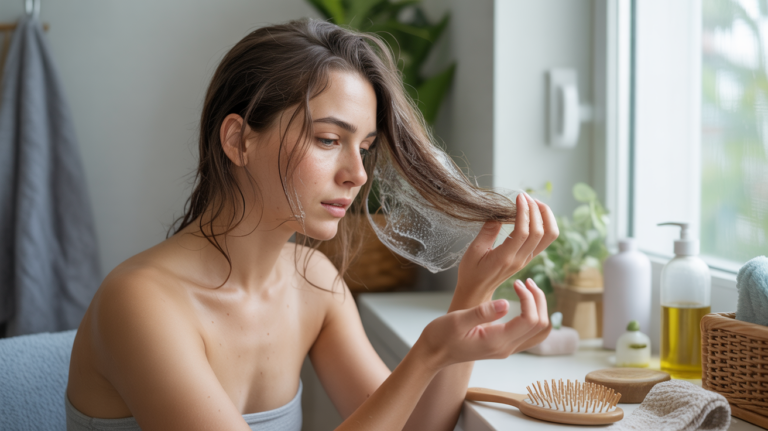 Femme appliquant un soin réparateur sur ses cheveux abîmés dans une scène domestique réaliste et lumineuse.