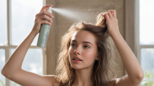 Femme aux cheveux fins appliquant une brume volumisante légère dans une salle de bain lumineuse et réaliste, illustrant une routine capillaire naturelle pour gagner en volume sans alourdir.