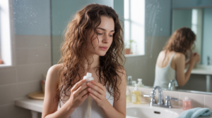 Femme dans sa salle de bain appliquant un soin léger pour sublimer ses cheveux ondulés dans une scène naturelle et réaliste.