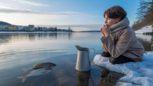 Scène hivernale réaliste au bord d’un lac avec une personne songeuse et des détails évoquant subtilement le Verseau et les Poissons.