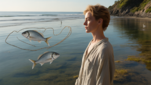 Personne au bord de l’océan au coucher du soleil, scène naturelle évoquant subtilement le signe des Poissons avec deux poissons dans l’eau peu profonde.