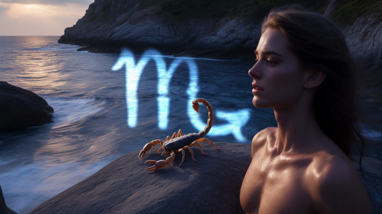 Scène nocturne réaliste sur une côte rocheuse, avec une personne regardant la mer agitée et un scorpion réel sur un rocher, symbolisant l’intensité et la profondeur du signe du Scorpion.