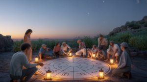 Scène réaliste au crépuscule montrant un groupe de personnes autour d’une grande mosaïque en pierre représentant les 12 signes du zodiaque dans un cadre naturel.
