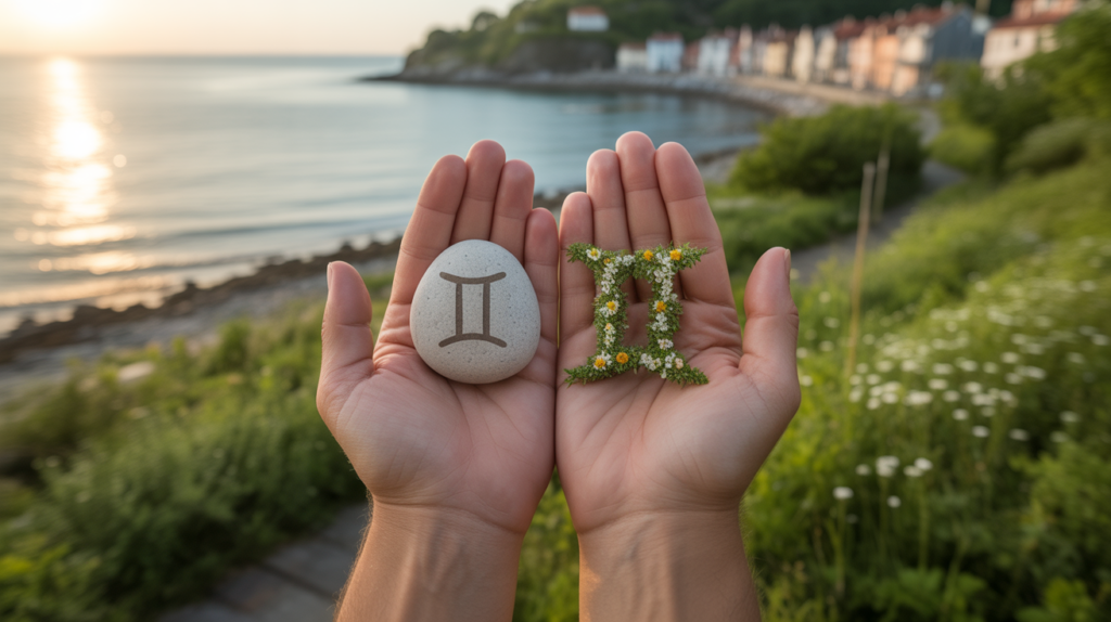 Scène réaliste en bord de mer au mois de juin illustrant la transition astrologique entre les Gémeaux et le Cancer, avec des mains tenant des éléments naturels symboliques et un décor côtier authentique.