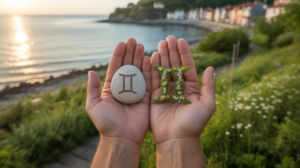 Scène réaliste en bord de mer au mois de juin illustrant la transition astrologique entre les Gémeaux et le Cancer, avec des mains tenant des éléments naturels symboliques et un décor côtier authentique.