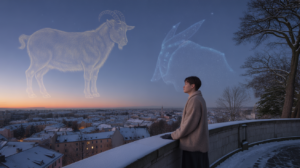 Scène hivernale réaliste au crépuscule, avec une personne observant un ciel où se devinent subtilement les constellations du Capricorne et du Verseau au-dessus d’une ville européenne enneigée.
