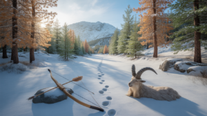 Paysage hivernal naturel illustrant la transition entre les signes du Sagittaire et du Capricorne, avec une montagne enneigée, des arbres mêlant automne et hiver et des détails subtils évoquant les deux signes.