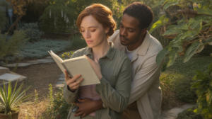 Scene réaliste d’un couple dans un jardin botanique au coucher du soleil, illustrant la nature analytique et sensible de la Vierge.