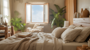 Chambre cosy et apaisante au style naturel et chaleureux, avec lumière douce, matières organiques et ambiance cocon.