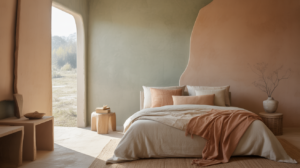 Chambre réaliste et apaisante aux couleurs tendance 2026, avec tons naturels et ambiance lumineuse et authentique.