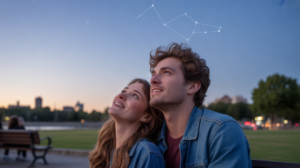 Deux personnes assises dans un parc au crépuscule regardant le ciel étoilé avec des constellations visibles, scène réaliste et naturelle évoquant la compatibilité amoureuse astrologique.