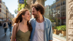 Un couple réaliste marchant au coucher du soleil dans une scène urbaine naturelle avec des détails authentiques et de subtiles références zodiacales intégrées au décor.