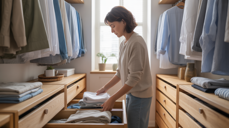 Dressing réaliste et bien organisé avec vêtements pliés selon la méthode KonMari et lumière naturelle.