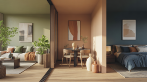 Intérieur de maison moderne et réaliste présentant les couleurs tendance déco 2026 dans plusieurs espaces connectés.