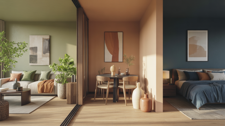 Intérieur de maison moderne et réaliste présentant les couleurs tendance déco 2026 dans plusieurs espaces connectés.