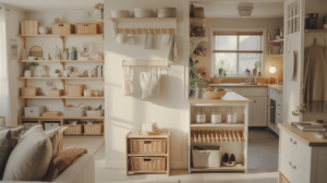 Photo réaliste d’un intérieur de maison lumineux et bien rangé avec des solutions de rangement pratiques dans un décor naturel et authentique.