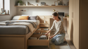 Photo réaliste d’une petite chambre moderne bien rangée, optimisée avec des solutions de rangement pratiques et une personne organisant un tiroir.