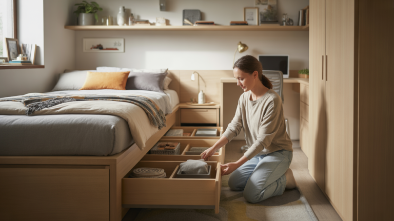 Photo réaliste d’une petite chambre moderne bien rangée, optimisée avec des solutions de rangement pratiques et une personne organisant un tiroir.