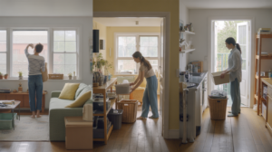 Scène réaliste d’une personne organisant une maison lumineuse et authentique, avec des objets du quotidien rangés naturellement dans un intérieur vivant.