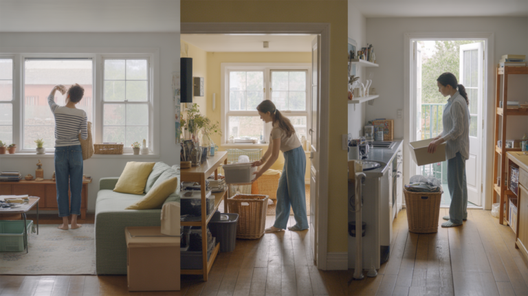 Scène réaliste d’une personne organisant une maison lumineuse et authentique, avec des objets du quotidien rangés naturellement dans un intérieur vivant.