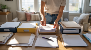 Scène réaliste d’une personne triant et classant des papiers à la maison dans un intérieur lumineux et naturel.