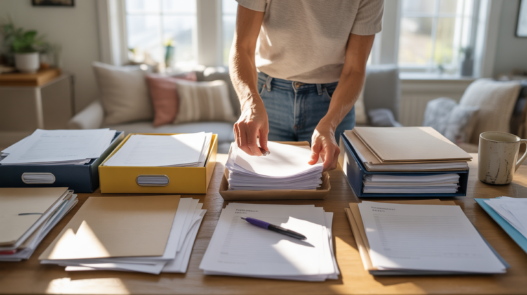 Scène réaliste d’une personne triant et classant des papiers à la maison dans un intérieur lumineux et naturel.