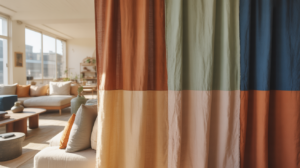 Salon moderne et lumineux avec des teintes tendance 2026 comme le terracotta, le vert sauge et le bleu profond, dans un décor réaliste et naturel.
